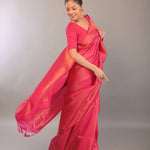Pink South Indian Silk Saree with Gold Self Design - Anvi Couture