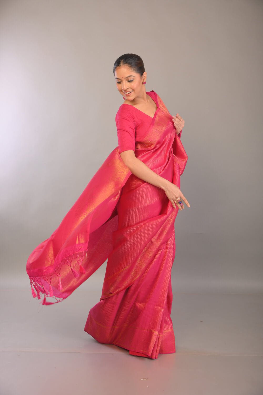 Pink South Indian Silk Saree with Gold Self Design - Anvi Couture