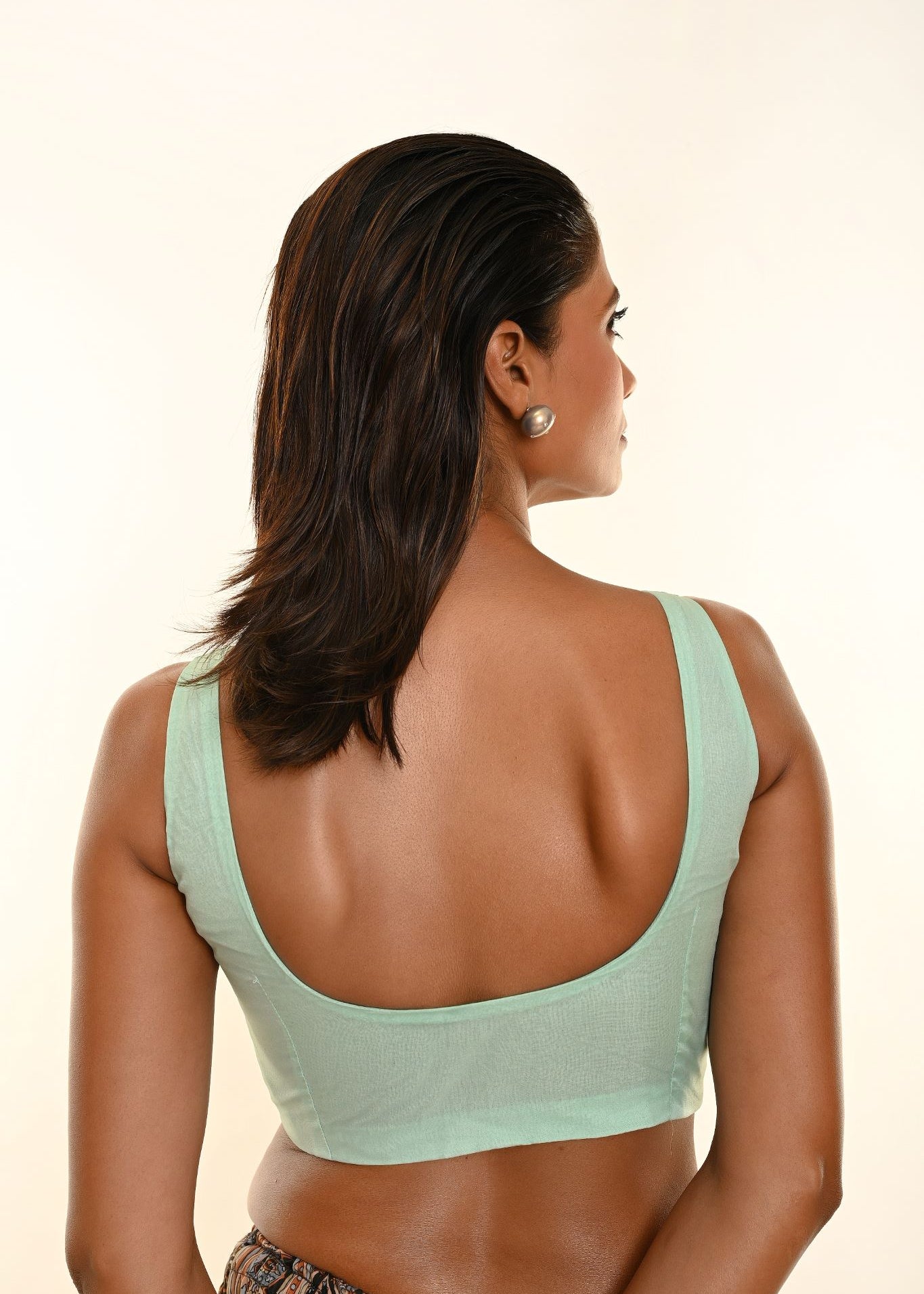 Aqua Blue Sleeveless Blouse with Deep U Neckline and Front Button Hook Closure - Anvi Couture