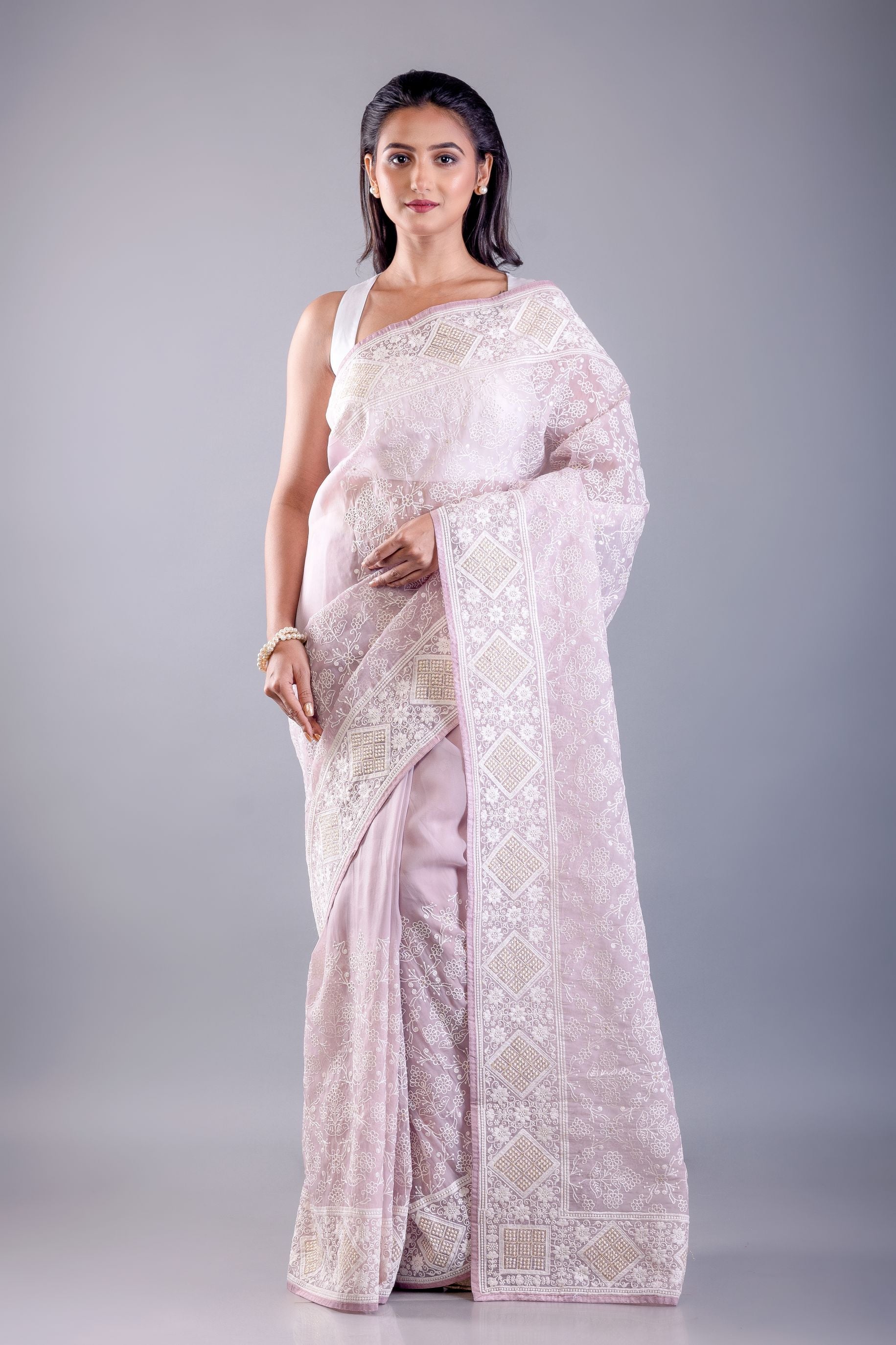 Lavender Georgette Saree with all over White Thread Embroidered Work image 1