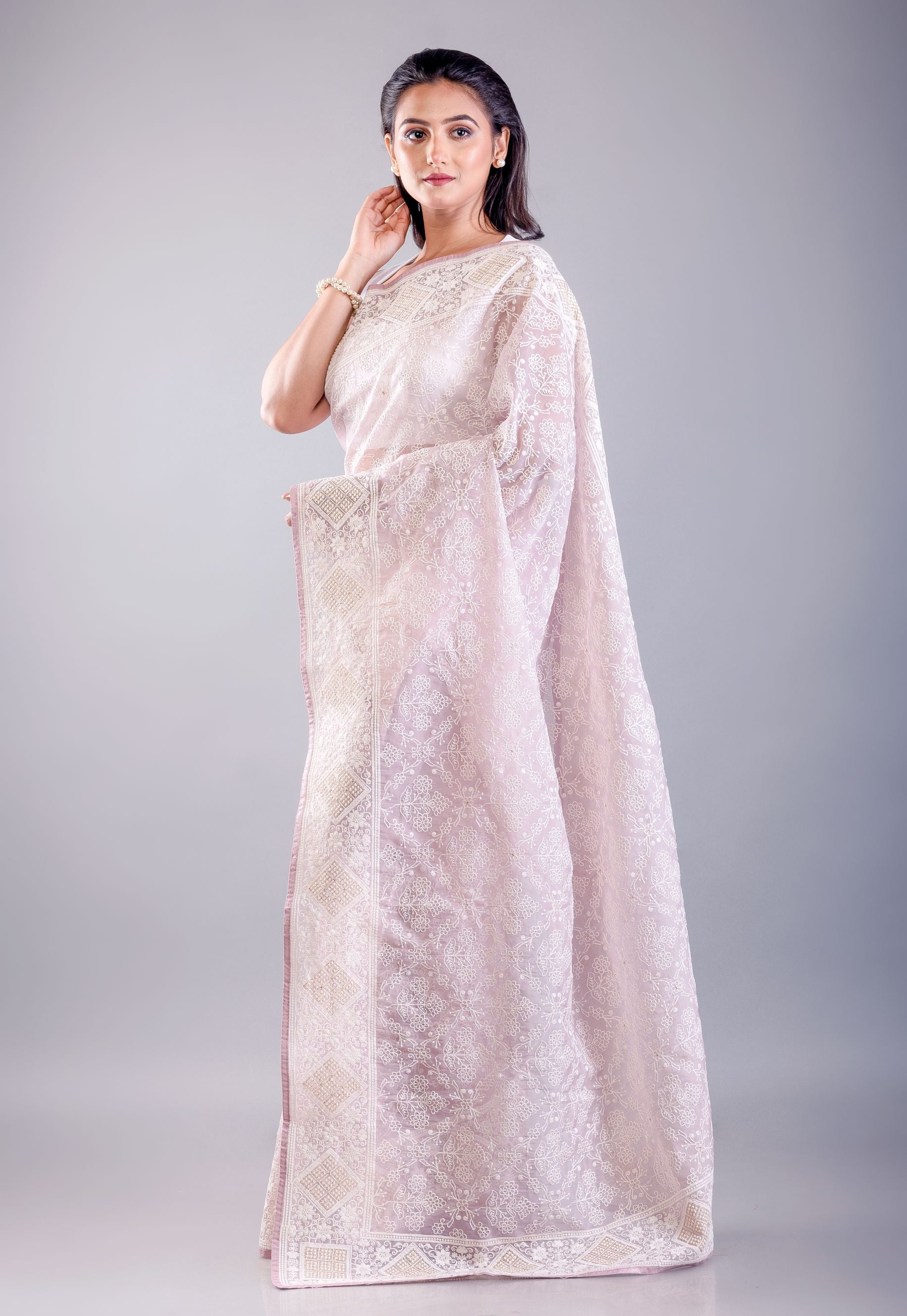 Lavender Georgette Saree with all over White Thread Embroidered Work image 2