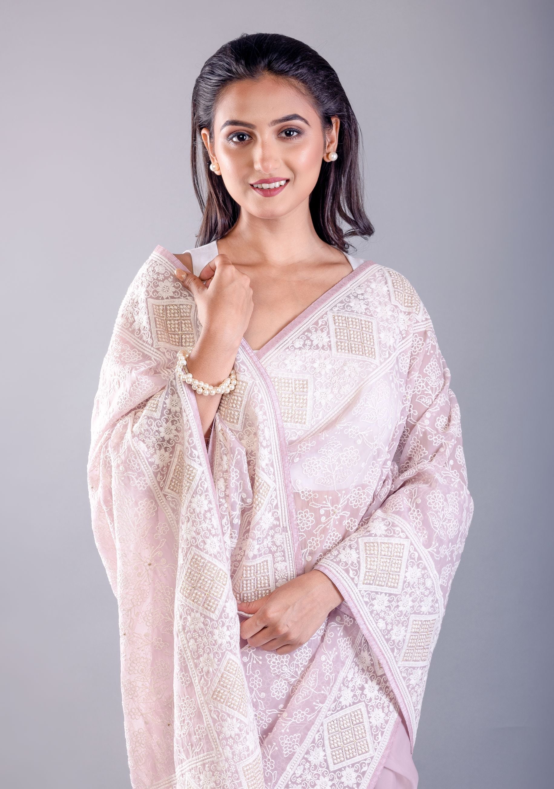 Lavender Georgette Saree with all over White Thread Embroidered Work image3