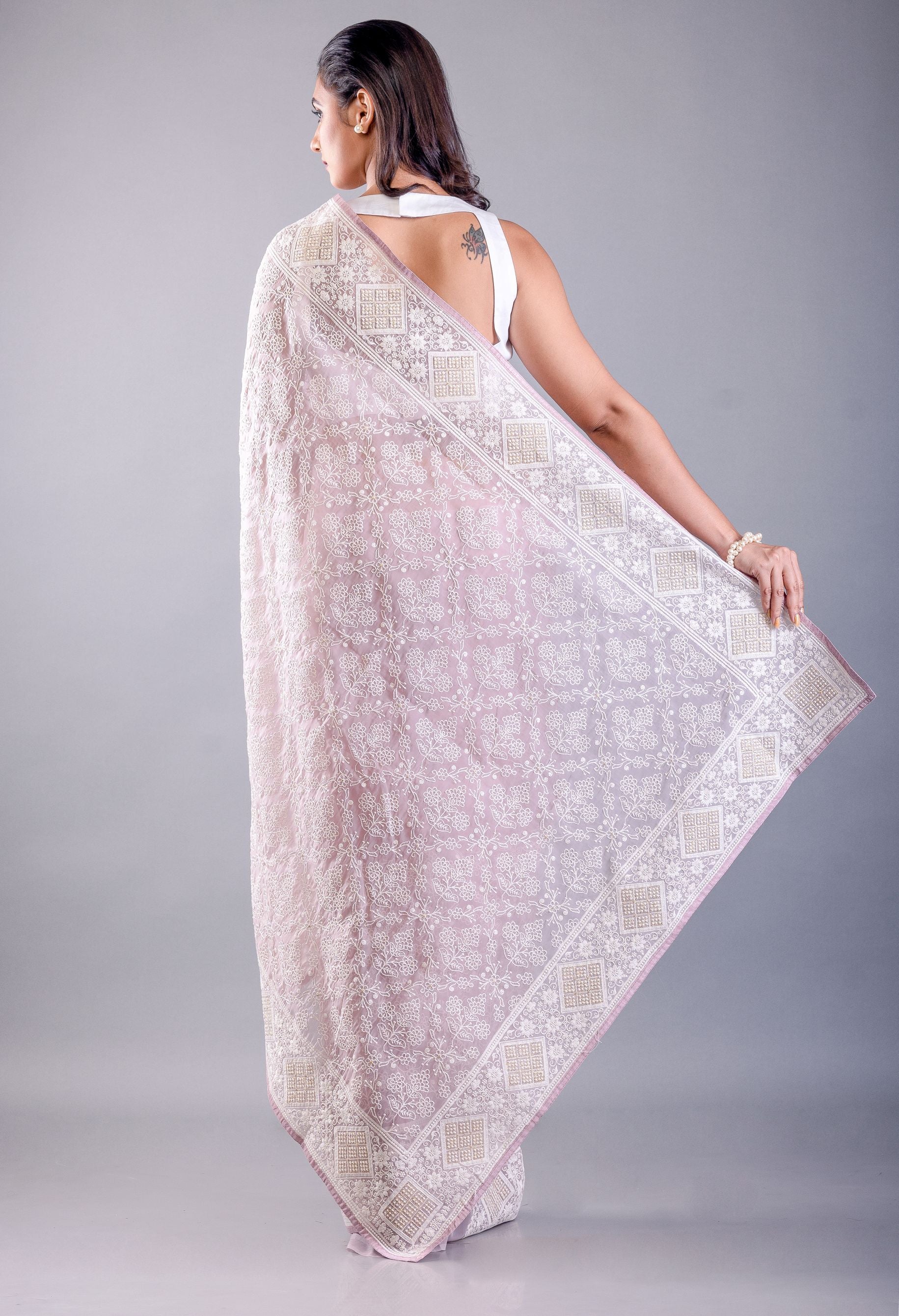 Lavender Georgette Saree with all over White Thread Embroidered Work image 4