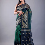 Green and Black Ombre Tant Jamdani with Floral Motifs - Anvi Couture