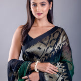 Green and Black Ombre Tant Jamdani with Floral Motifs - Anvi Couture