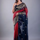 Red and Black Ombre Tant Jamdani with Floral Motifs - Anvi Couture