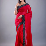 Red Jimmy Choo Saree with Black Stone Emblishment Border - Anvi Couture