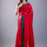 Red Jimmy Choo Saree with Black Stone Emblishment Border - Anvi Couture