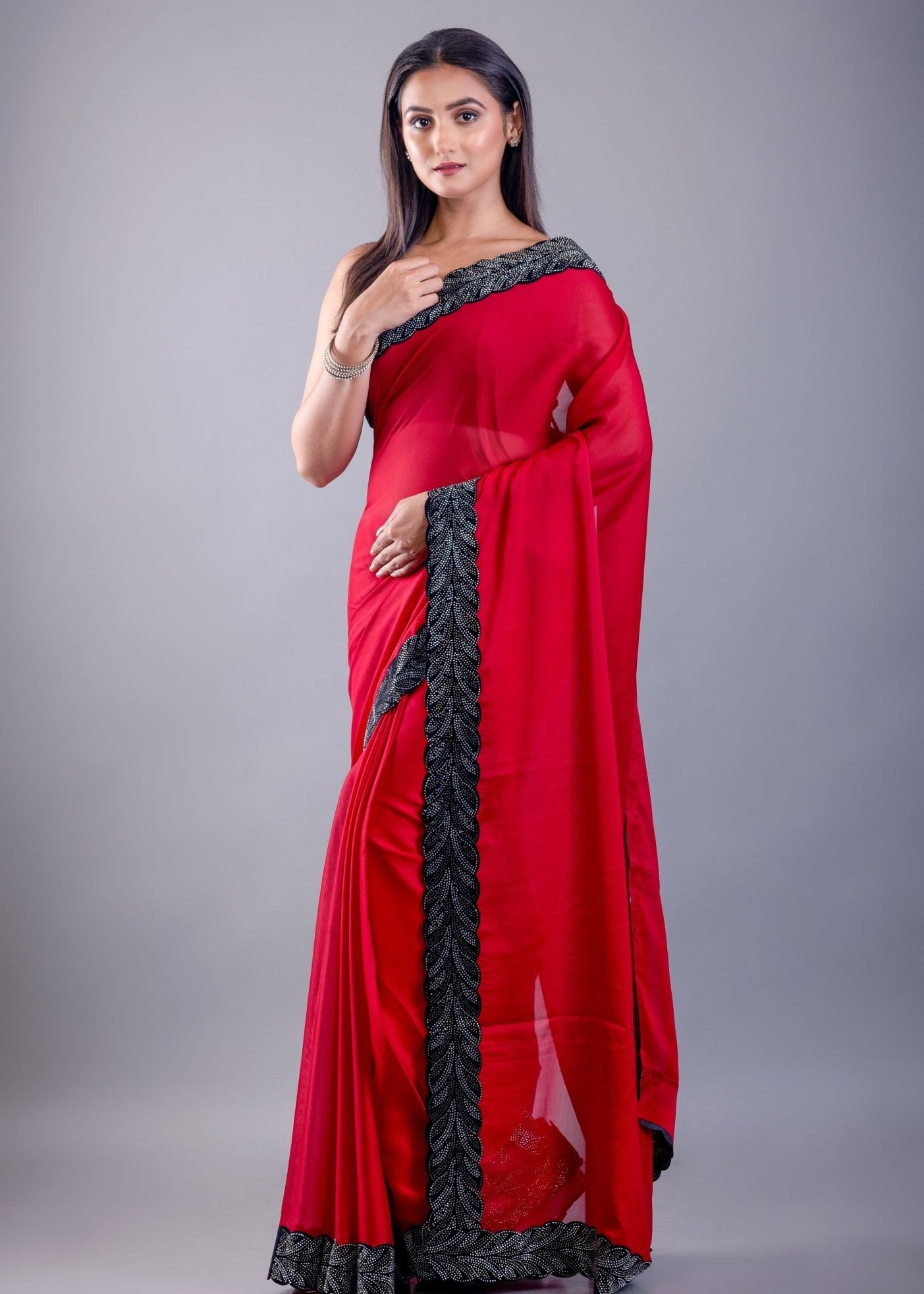 Red Jimmy Choo Saree with Black Stone Emblishment Border - Anvi Couture