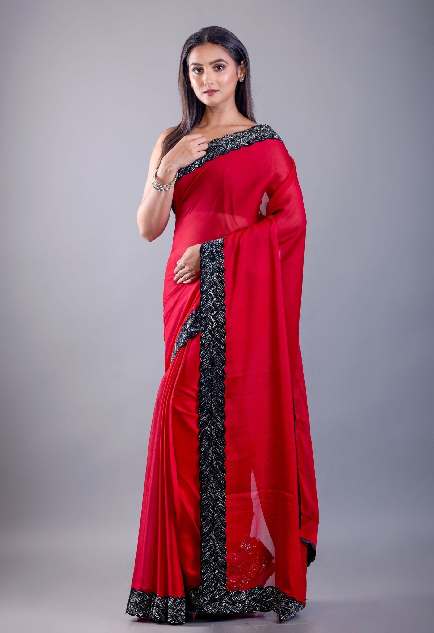 Red Jimmy Choo Saree with Black Stone Emblishment Border - Anvi Couture