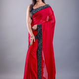 Red Jimmy Choo Saree with Black Stone Emblishment Border - Anvi Couture