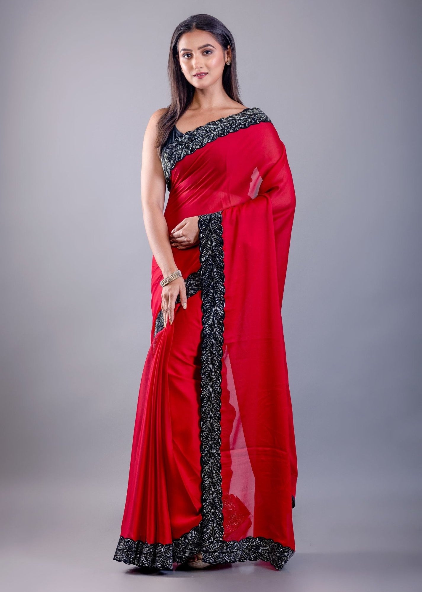 Red Jimmy Choo Saree with Black Stone Emblishment Border - Anvi Couture