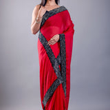 Red Jimmy Choo Saree with Black Stone Emblishment Border - Anvi Couture