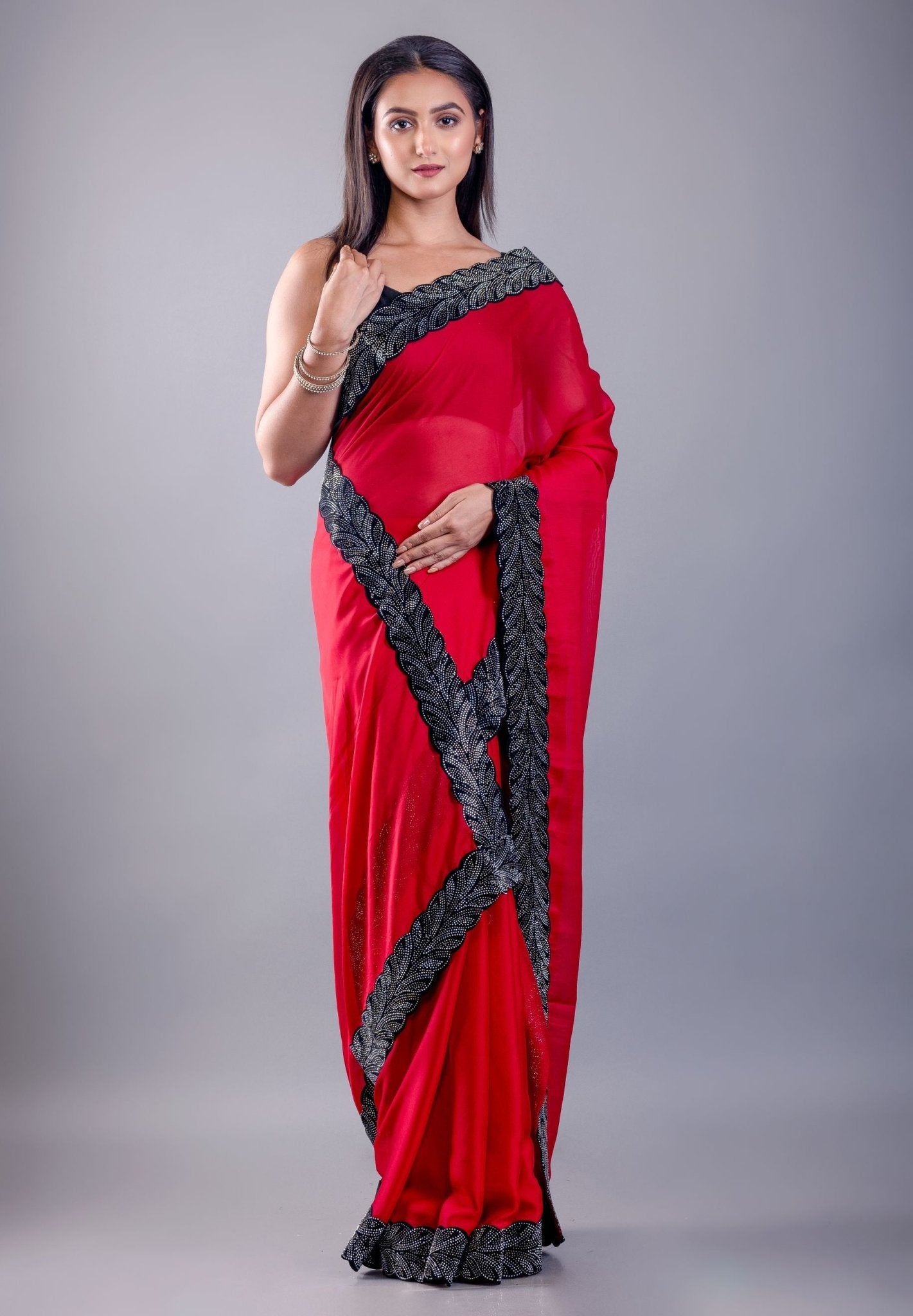 Red Jimmy Choo Saree with Black Stone Emblishment Border - Anvi Couture