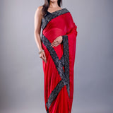 Red Jimmy Choo Saree with Black Stone Emblishment Border - Anvi Couture
