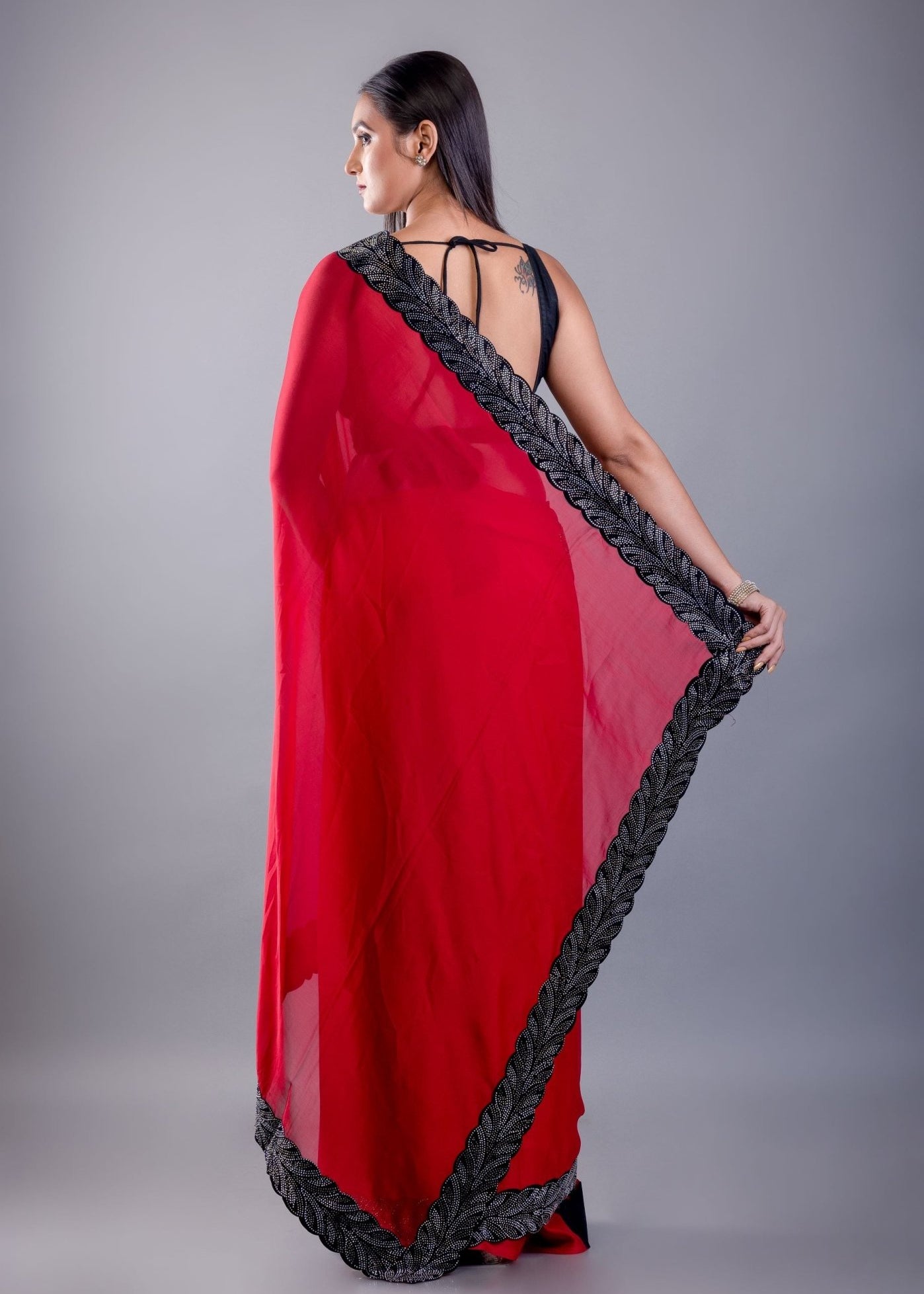 Red Jimmy Choo Saree with Black Stone Emblishment Border - Anvi Couture
