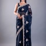 Black Jimmy Choo Saree with White Embroidered Emblishment - Image 1