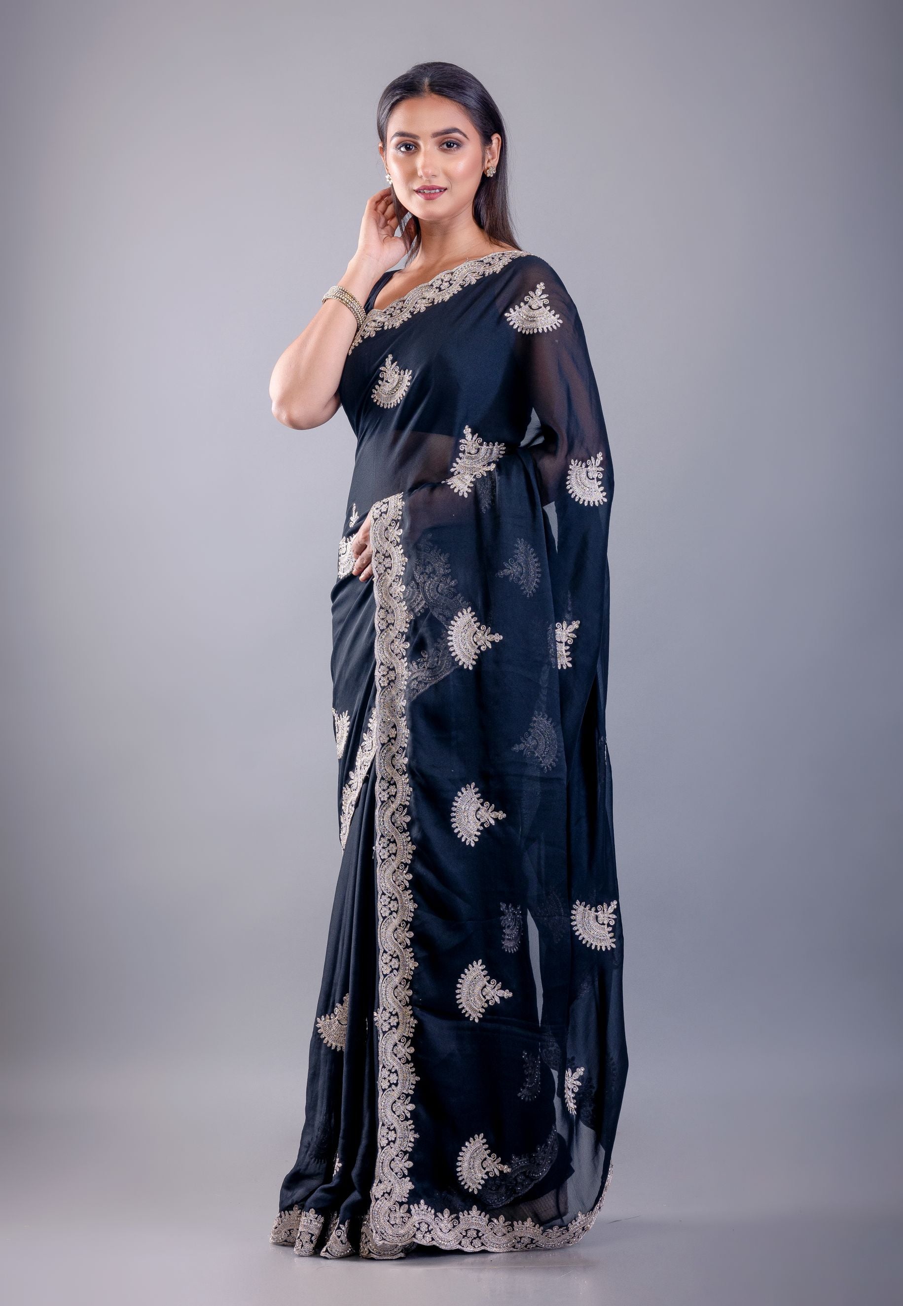 Black Jimmy Choo Saree with White Embroidered Emblishment - Image 3