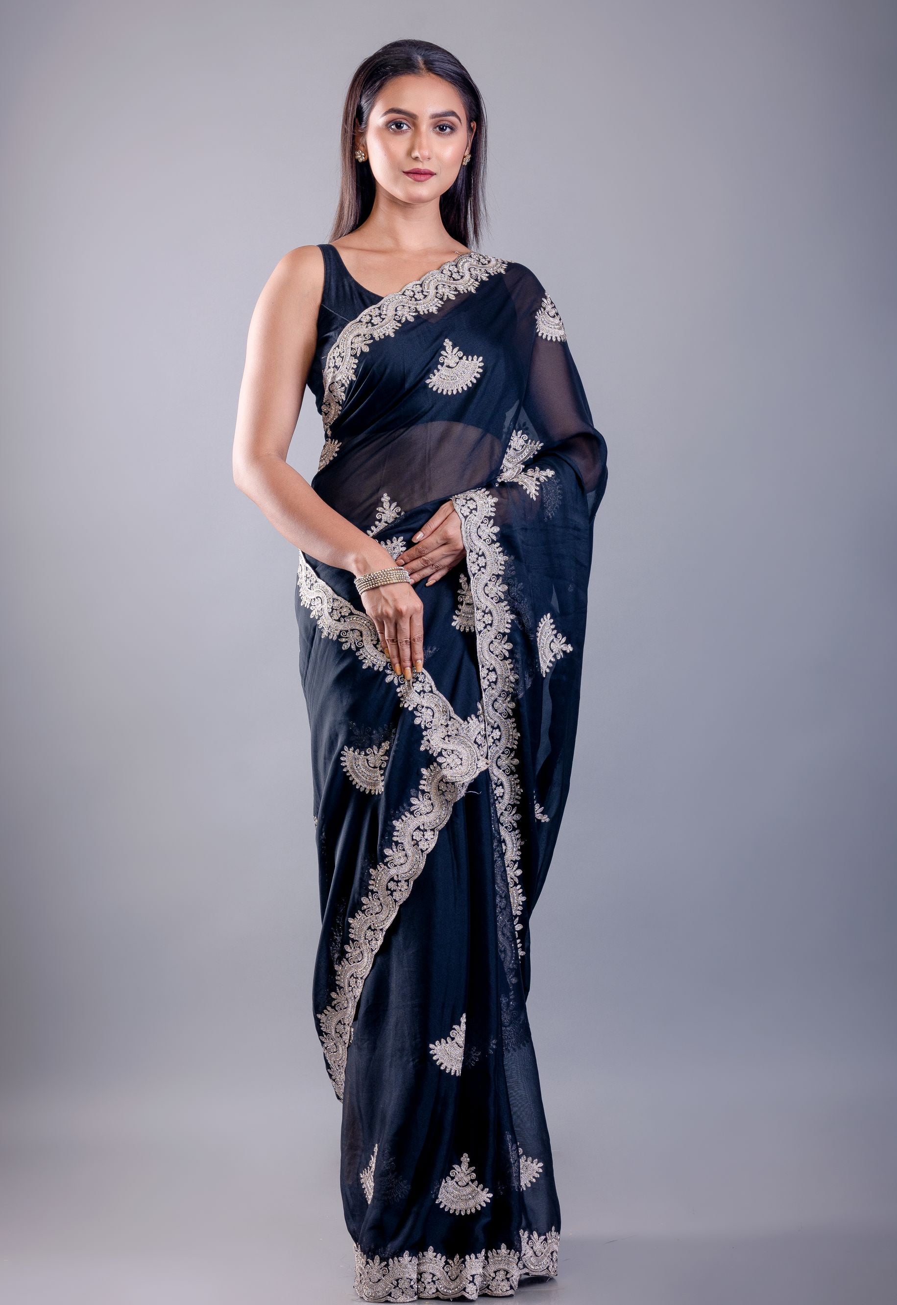 Black Jimmy Choo Saree with White Embroidered Emblishment - Image 4
