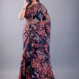 Black Floral Glass Tissue Saree - Image 1