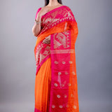 Pink and Orange Ombre Tant Jamdani with Floral Motifs - Anvi Couture