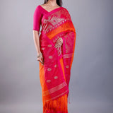 Pink and Orange Ombre Tant Jamdani with Floral Motifs - Anvi Couture