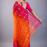 Pink and Orange Ombre Tant Jamdani with Floral Motifs - Anvi Couture