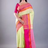 Pink and Lemon Green Bengal Cotton Handloom Saree - Image 1