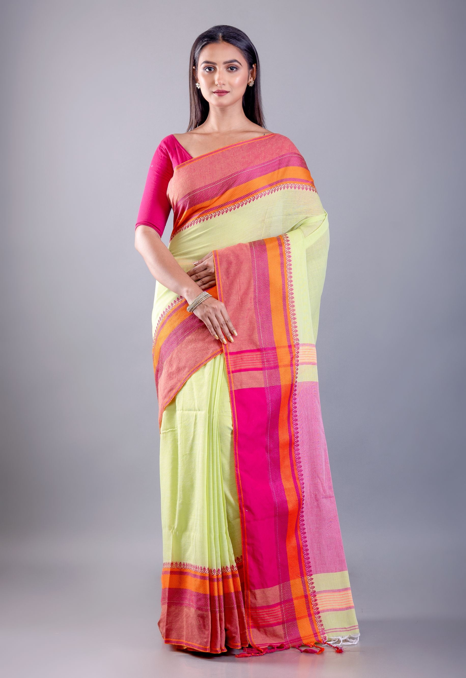 Pink and Lemon Green Bengal Cotton Handloom Saree - Image 1