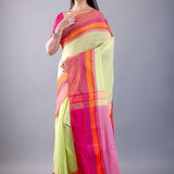 Pink and Lemon Green Bengal Cotton Handloom Saree - Image 2