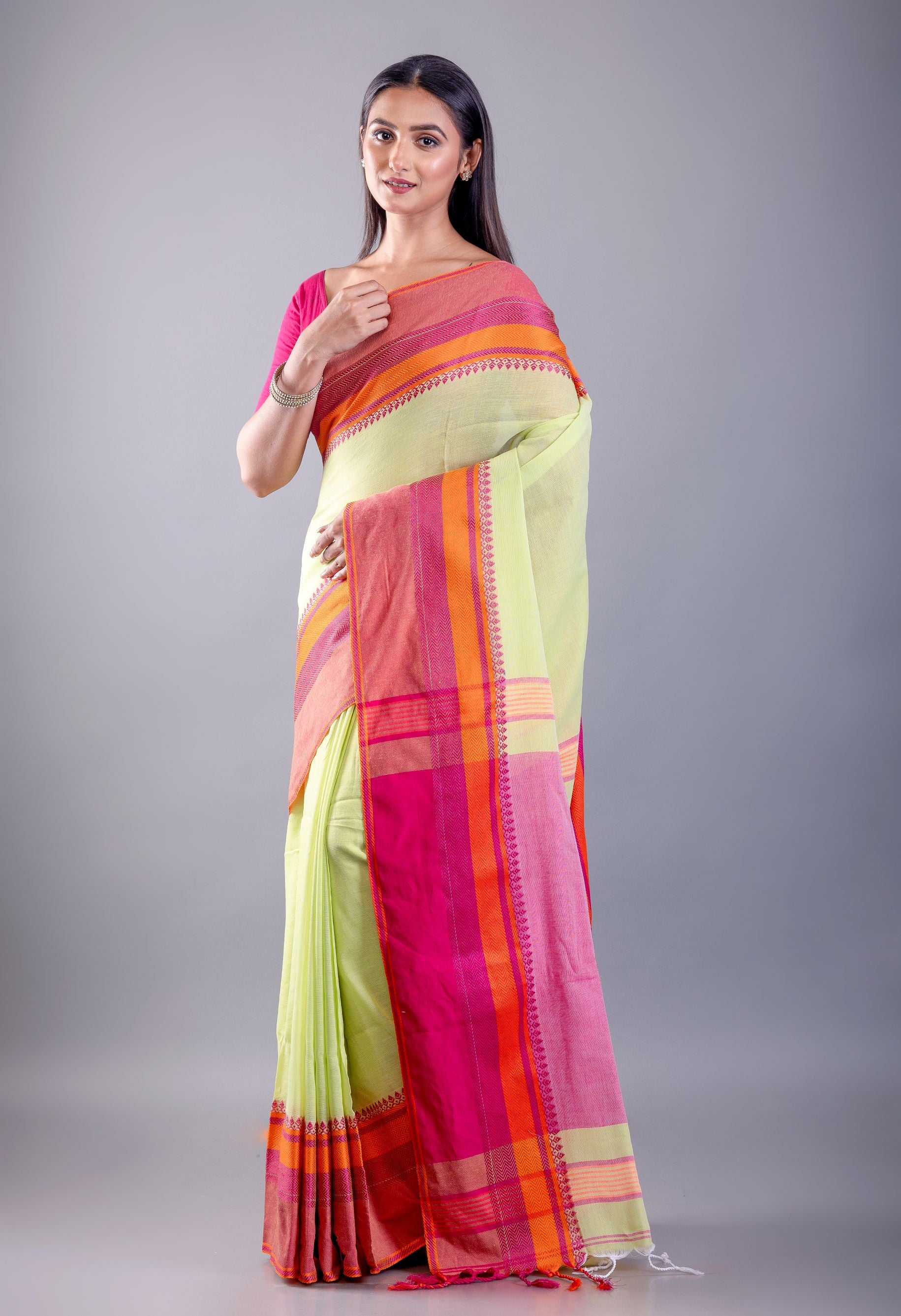 Pink and Lemon Green Bengal Cotton Handloom Saree - Image 2