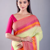 Pink and Lemon Green Bengal Cotton Handloom Saree - Image 3