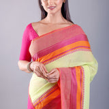 Pink and Lemon Green Bengal Cotton Handloom Saree - Image 4