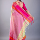 Pink and Lemon Green Bengal Cotton Handloom Saree - Image 5