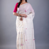 White Mul Cotton Handloom Saree with Pink Thread Knot - Image 1