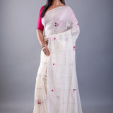 White Mul Cotton Handloom Saree with Pink Thread Knot - Image 2