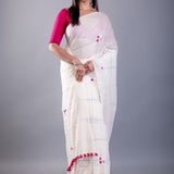 White Mul Cotton Handloom Saree with Pink Thread Knot - Image 3