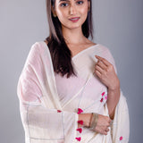 White Mul Cotton Handloom Saree with Pink Thread Knot - Image 4