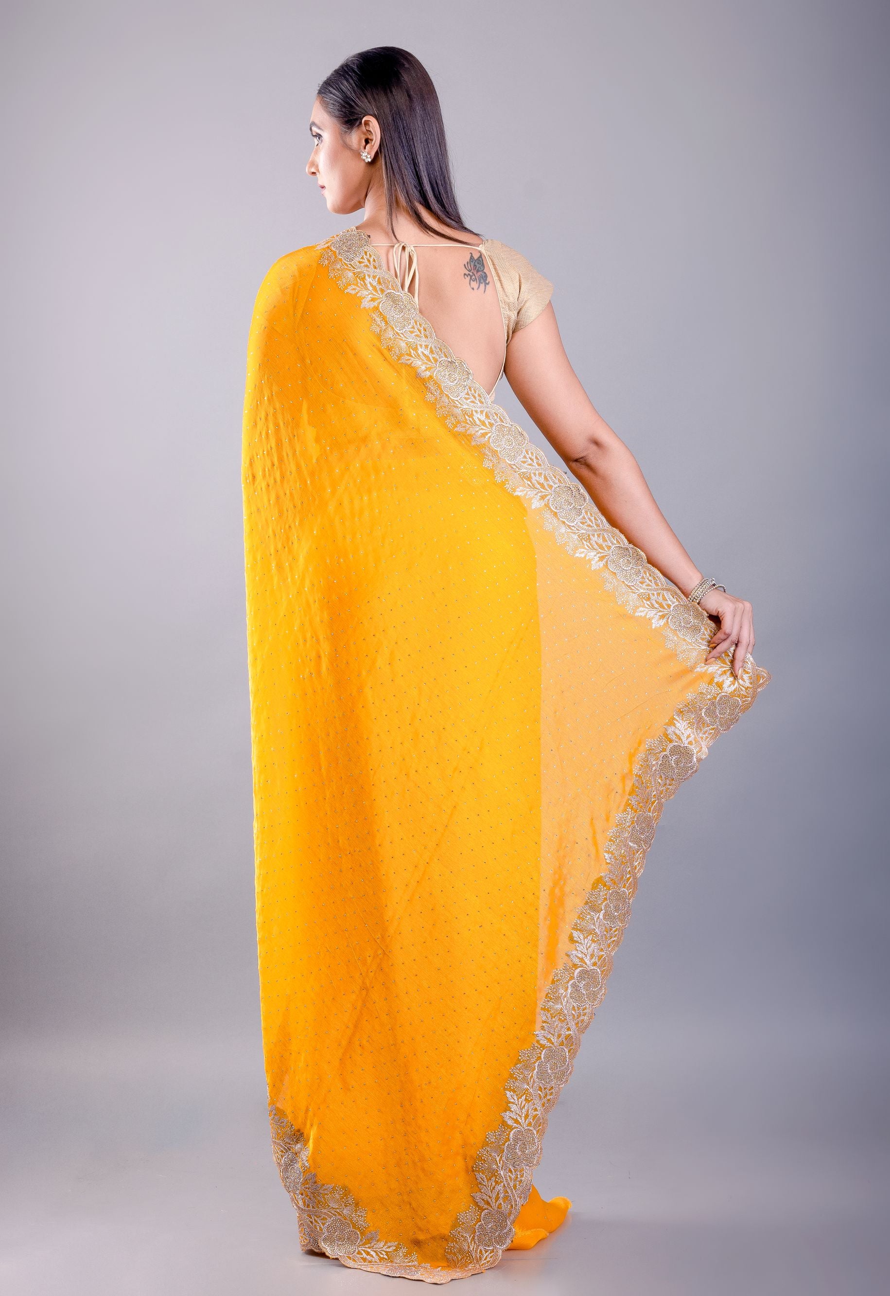 Yellow Jimmy Choo Saree With Gold Embroidered Emblishment - Image 4
