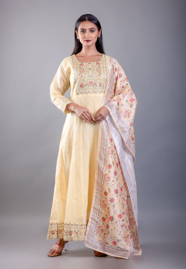 Light Yellow Embroidered Anarkali Set With Floral Dupatta - Anvi Couture - Image 1