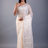 Ivory White Jimmy Choo Saree with Stone Border - Anvi Couture