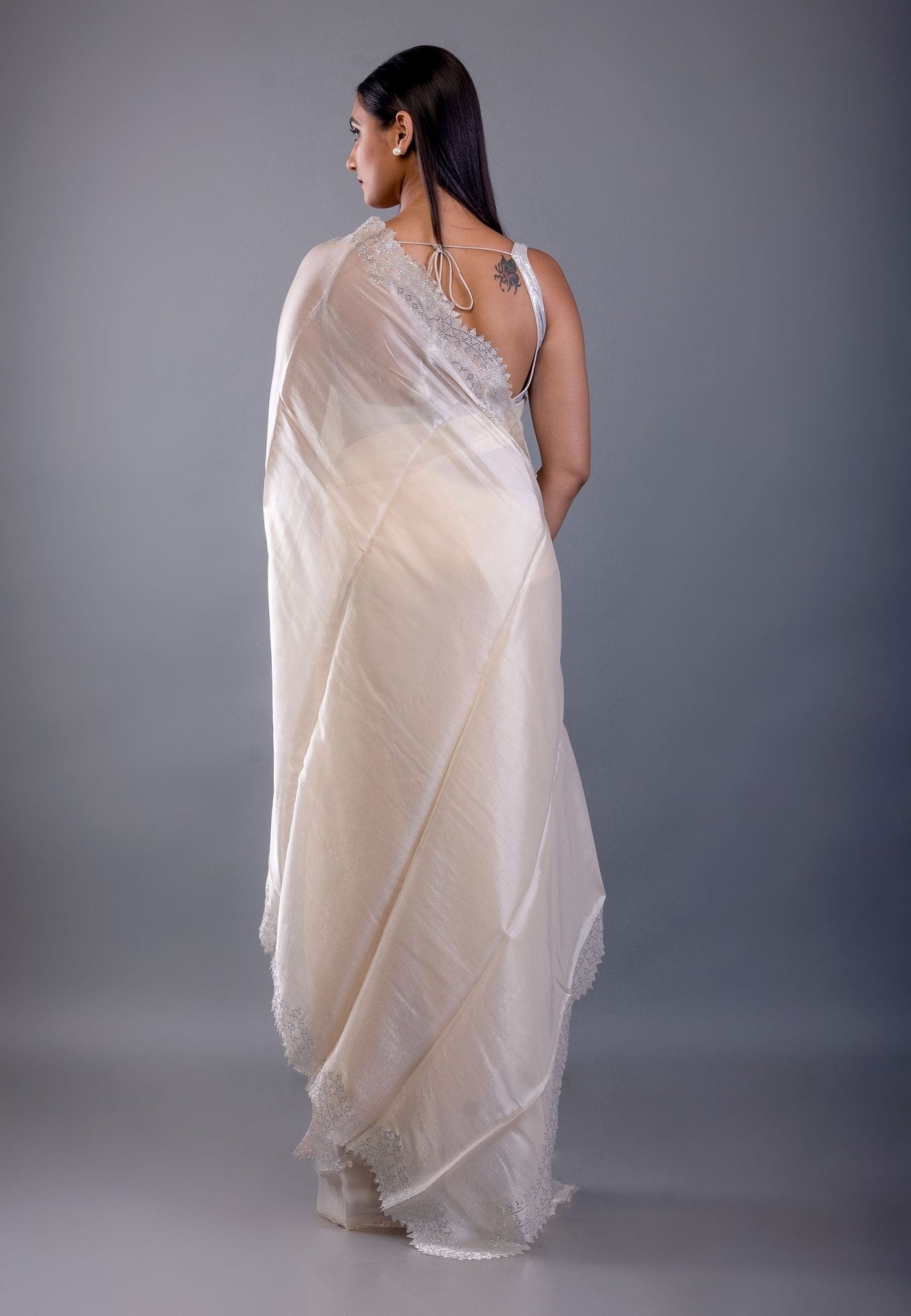 Ivory White Jimmy Choo Saree with Stone Border - Anvi Couture