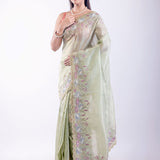 Light Green Tissue Silk Saree with Floral Thread Embroidered Work - Anvi Couture