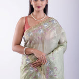 Light Green Tissue Silk Saree with Floral Thread Embroidered Work - Anvi Couture