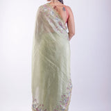 Light Green Tissue Silk Saree with Floral Thread Embroidered Work - Anvi Couture