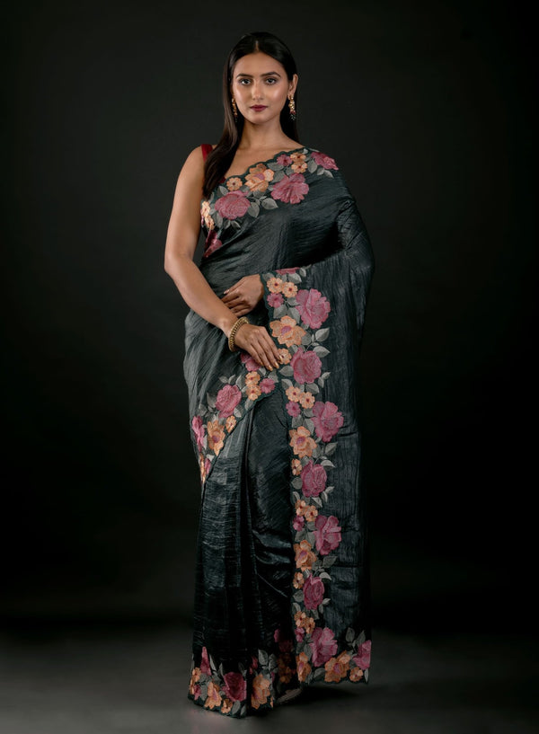 Green Tissue Silk Saree with Floral Embroidery Detailing - Anvi Couture