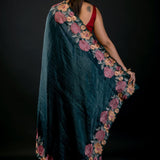 Green Tissue Silk Saree with Floral Embroidery Detailing - Anvi Couture