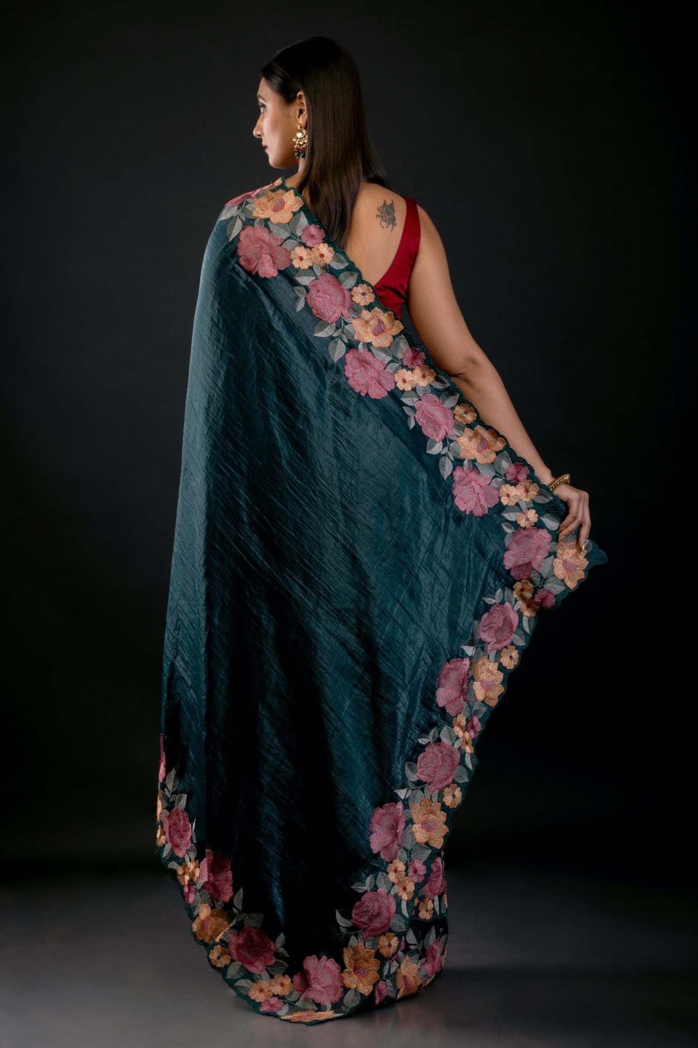 Green Tissue Silk Saree with Floral Embroidery Detailing - Anvi Couture