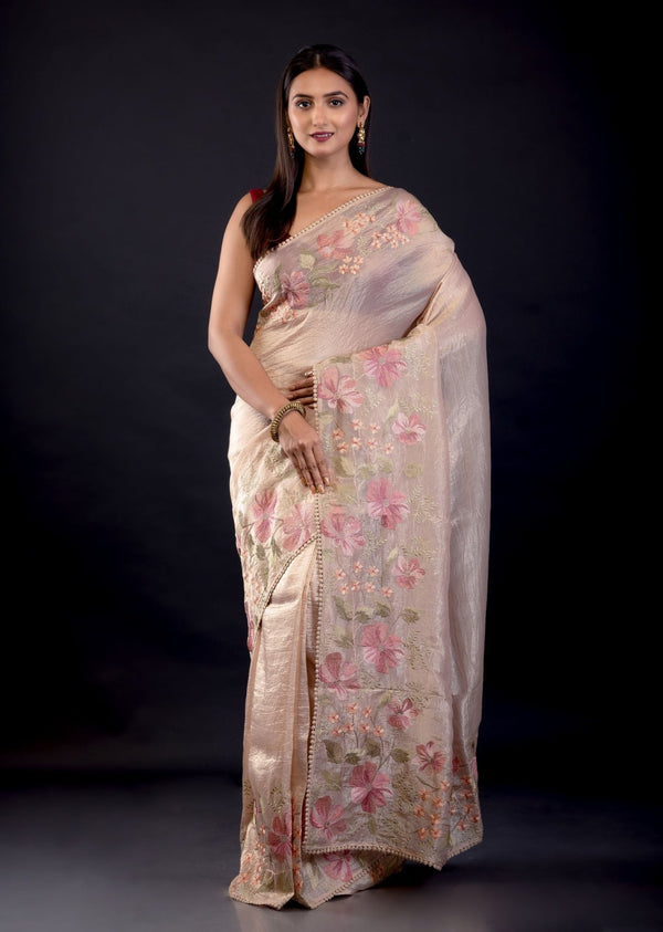 Beige Tissue Silk Saree With Floral Thread Embroidered Work - Anvi Couture - Front 1