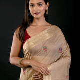 Cream Color Tant Jamdani Saree with Floral Motifs - Anvi Couture